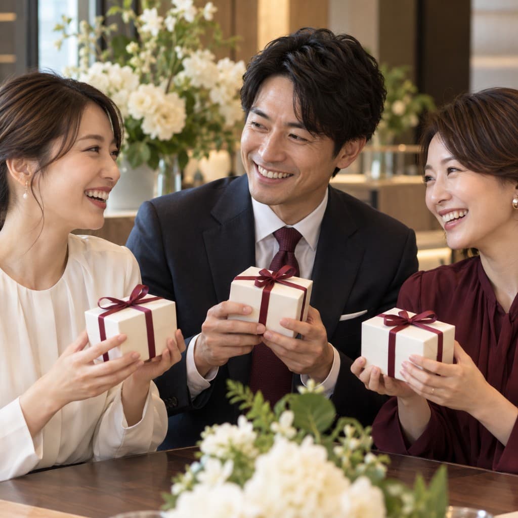 創業周年にギフトを贈り合う様子