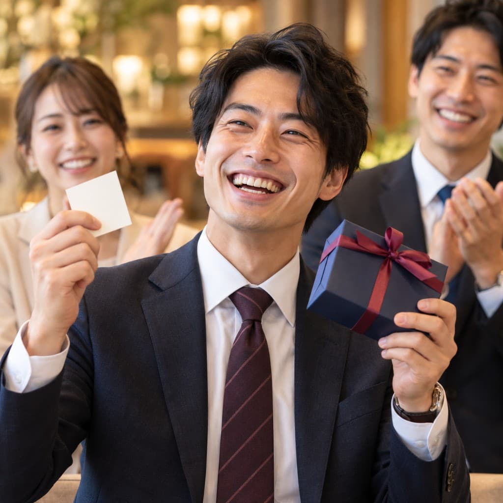 社内イベントでギフトを受け取った様子