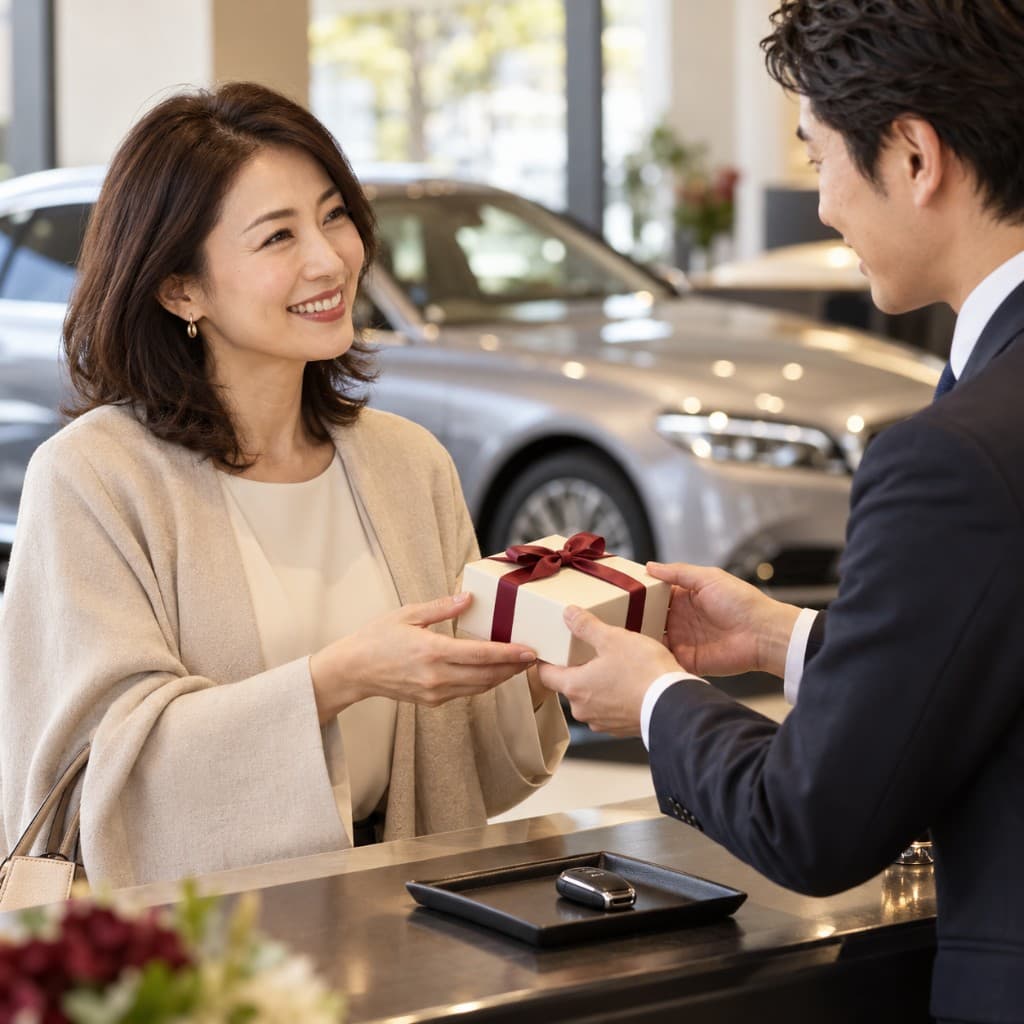 ご購入の記念にギフトを渡す様子