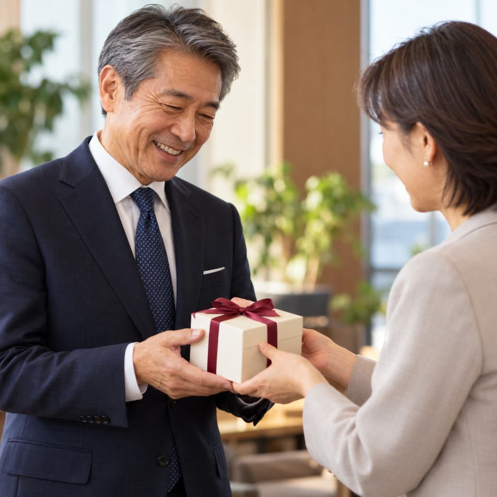 退職記念にギフトを贈る様子