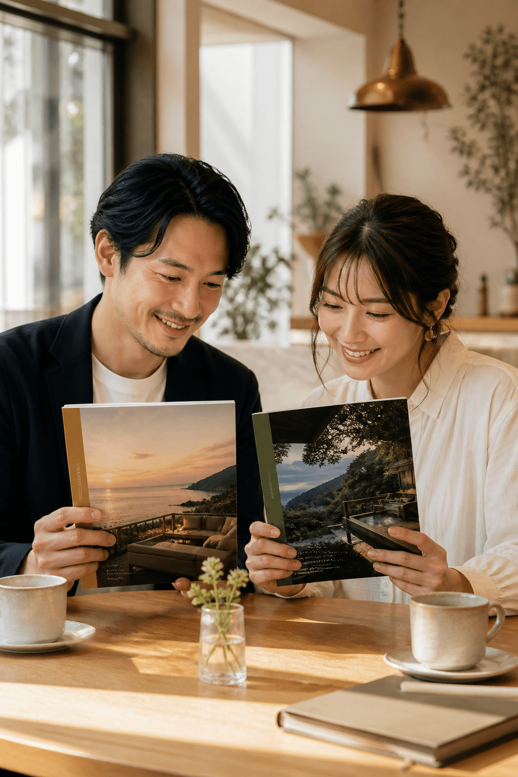 ふたつの旅行カタログギフトを見比べて選ぶふたり